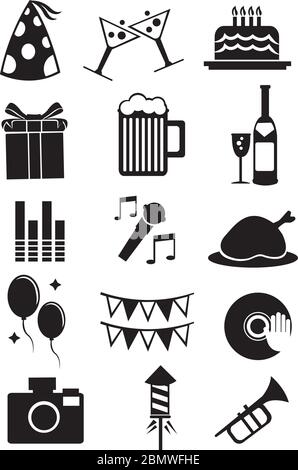 Vector illustration of isolated icons for celebrations and parties on white background. Stock Vector