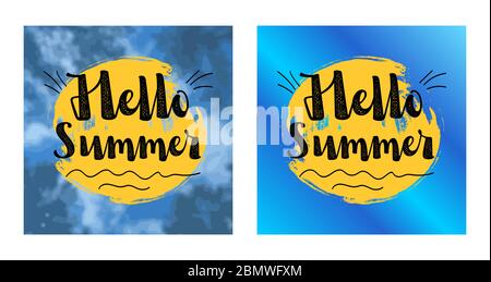 HELLO SUMMER hand lettering handmade calligraphy template and summertime beach background Stock Vector