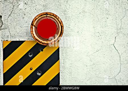railway traffic sing isolated on grey background with yellow black lines Stock Photo