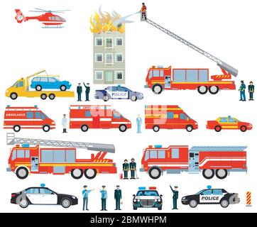 Fire service and police operation with ambulance Stock Vector