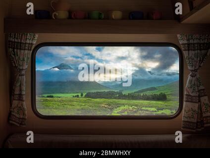 Dawn at Glencoe in Scotland, view from camper window Stock Photo