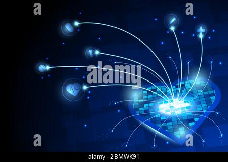 Abstract dark blue futuristic technology and health care background with sparkle effect and medical element icon. Stock Vector