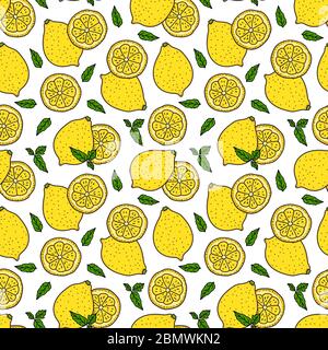 Lemon and a round slice with mint leaves. Seamless pattern texture. Vector hand drawn illustration. Surface yellow color design isolated on white Stock Vector