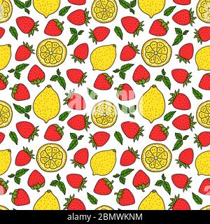 Strawberries and lemons. Seamless pattern texture. Yellow and Red colors. Whole lemon and a round slice. Vector hand drawn illustration Surface design Stock Vector