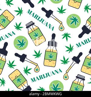 Marjuana oil seamless pattern. Dropper bottle with pipette and drop hemp oil. Hash Cannabis Oil. Vector illustration texture on white background Stock Vector