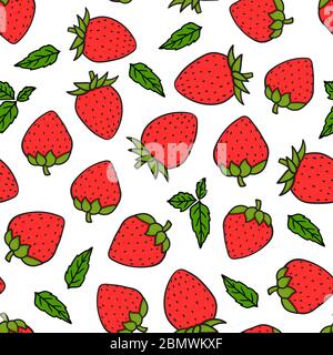 Strawberries hand-drawing seamless pattern. Vector endless design with ripe red cartoon style berries. Fresh summer tasty abstract background Stock Vector