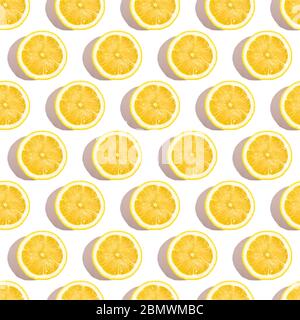 Lemon citrus fruits seamless pattern on white isolated background, tropical fresh juicy slices Stock Photo