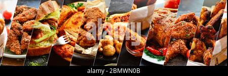 Collage of various food. Meat dishes. Meatballs, nuggets, chicken wings, chicken. Stock Photo