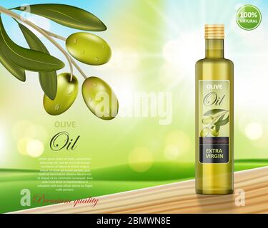 Olive oil bottle design on green shiny background. Transparent glass olive oil on wooden table, package design. Vector 3d illustration Stock Vector