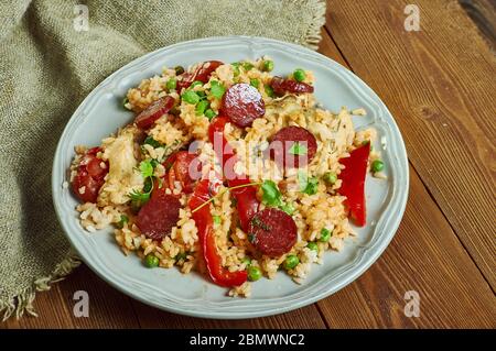 Chicken and  chorizo jambalaya,  Cajun-inspired rice pot recipe with spicy Spanish sausage, sweet peppers and tomatoes. Stock Photo