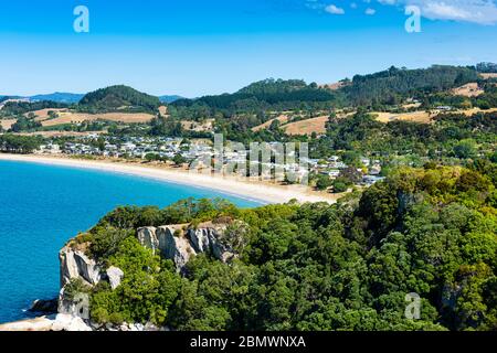 Cooks Bay and Cooks Beach Town on the Coromandel Peninsula in New Zealand Stock Photo