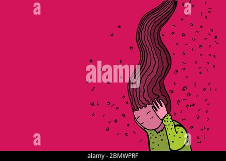 Girl is holding her head, in a cloud of thoughts and anxiety. Mental health, the concept. Stock Vector