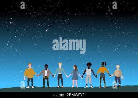 Together we are strong. A multinational group of people stand together holding hands against the starry sky. Epic concept. Stock Vector