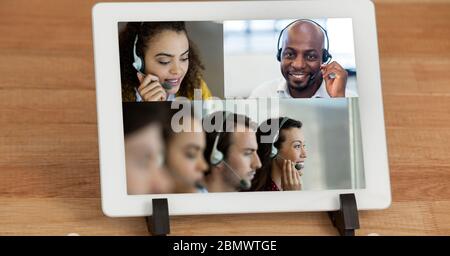People working and having video call on laptop Stock Photo