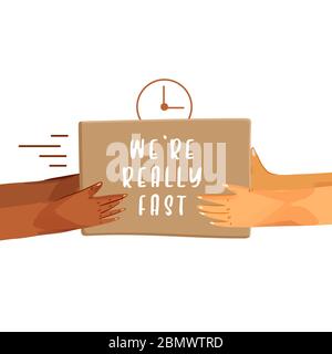 Fast delivery vector cartoon banner for Delivery Services and E-Commerce isolated on white background. Hands giving a parcel, and hands receiving a Stock Vector