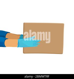 Safe delivery vector cartoon banner for Save Delivery Services and E-Commerce during covid quarantine. Hands in gloves giving a parcel. Stock Vector
