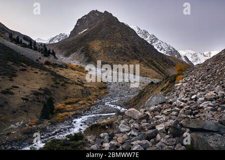 Beautiful landscape of mountain with snow glacier at autumn time in Kazakhstan Stock Photo