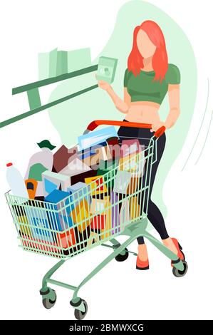 Girl In A Grocery Supermarket With A Trolley vector illustration from shopping collection. Flat cartoon illustration isolated on white Stock Vector