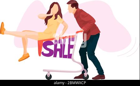 Man And Woman Run With A Trolley For Sale vector illustration from shopping collection. Flat cartoon illustration isolated on white Stock Vector