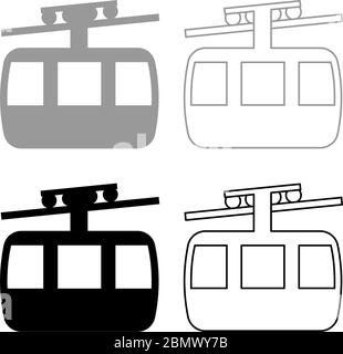 Funicular air way cable car Ski lift Mountain resort Aerial transportation tourism Ropeway Travel cabin icon outline set black grey color vector Stock Vector