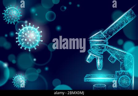 Microscope virus 3D low poly render. Laboratory analysis infection virus influenza flu pneumonia. Modern science technology medicine vector Stock Vector