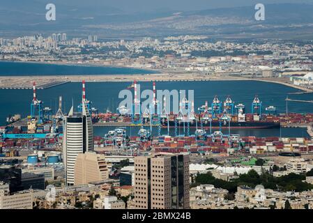 View of Haifa from the hill. Haifa is an Israeli city and port on the Mediterranean Sea. Haifa, Israel. July 27, 2019 Stock Photo