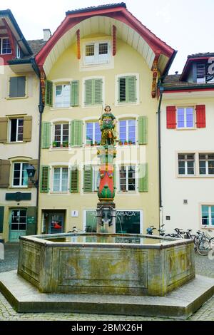 The fountain of justice in Aarau. It was created by the sculptor Heinz Henz in 1643 and painted by Balthasar Fisch. Aargau Canton, Switzerland. Stock Photo