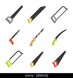 Set of various hacksaws and saws isolated on a white background. Flat style, vector illustration. Stock Vector