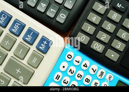 Accounting concept. Close up of calculators for financial calculations. Stock Photo
