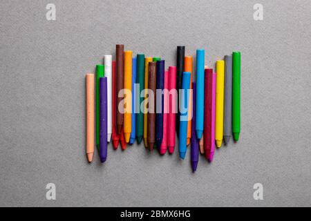 top view, set of crayons and mix color. Flat lay Stock Photo