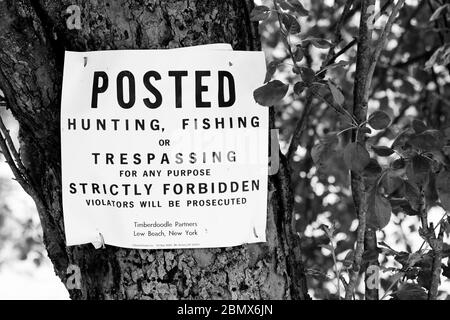 A sign forbidding hunting, fishing, or trespassing is afixed to a tree in a forest in the Catskills, New York, USA Stock Photo