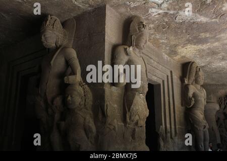 Wall Sculptures at Elephanta Caves, Elephanta Island, Mumbai, Maharashtra, India. Stock Photo