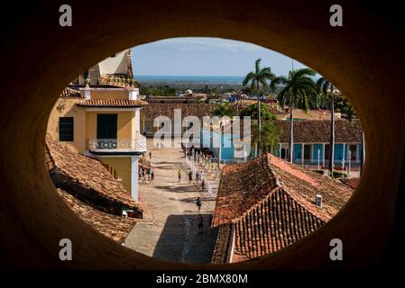 View of the town from the bell tower of the Saint Francis of Assisi Monastery now housing National Museum of the Struggle Against Bandits, Trinidad, C Stock Photo