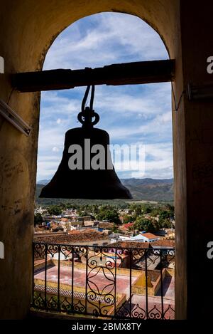 Church bell in the tower of the Saint Francis of Assisi Convent and Church now housing National Museum of the Struggle Against Bandits, Trinidad, Cuba Stock Photo