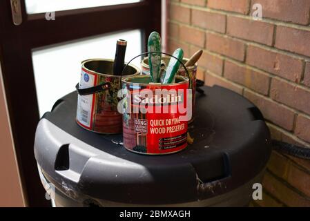 Various empty paint tins left after lockdown DIY with brushes still in. Stock Photo
