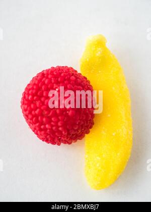 Jelly strawberry candies isolated on a white background. Top view ...