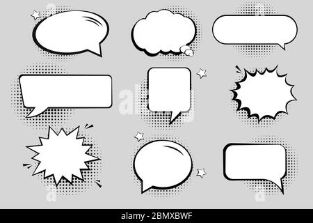 Retro empty comic bubbles and elements set with black halftone shadows.  Stock Vector