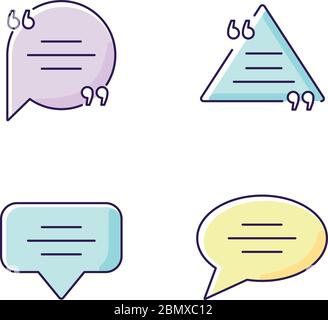 Empty chat bubbles with quotation marks yellow, blue and pink RGB color icons set Stock Vector