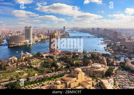 Aerial of the center of Cairo and the River Nile, Egypt, North Africa ...