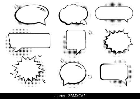 Retro empty comic bubbles and elements set with black halftone shadows.  Stock Vector