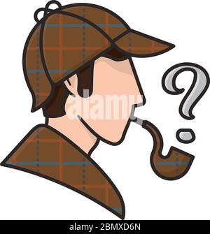 Sherlock Holmes head profile with cap, cape and pipe, smoke as question mark, vector illustration for Sherlock Holmes Day isolated on May 22nd Stock Vector