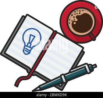 Notebook, ball-point pen and coffee cup isolated vector illustration for Notebook Day on May 21st. Creativity concept. Stock Vector