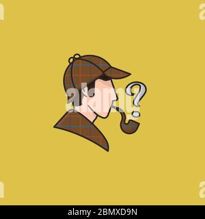Sherlock Holmes head profile with cap, cape and pipe, smoke as question mark, vector illustration for Sherlock Holmes Day on May 22nd Stock Vector