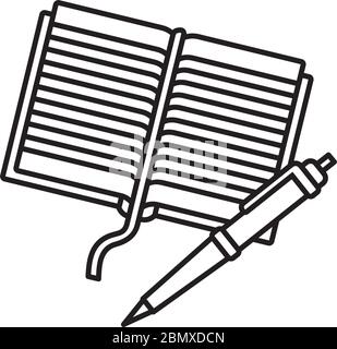 Notebook and ball-point pen vector line icon. Crreativity concept outline symbol. Stock Vector