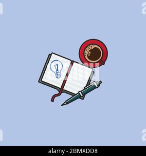 Notebook, ball-point pen and coffee cup vector illustration for Notebook Day on May 21st. Creativity concept. Stock Vector