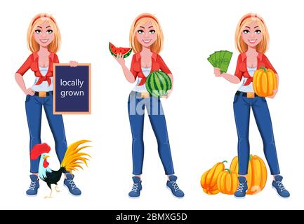 Happy smiling farm girl, set of three poses. Beautiful farmer woman cartoon character standing near rooster, holding watermelon and holding pumpkin an Stock Vector