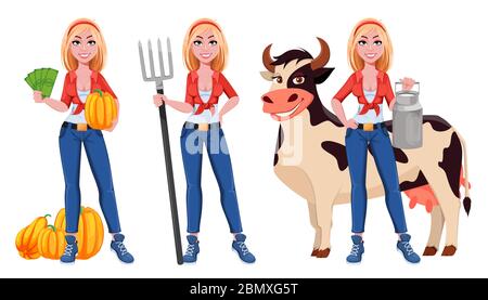 Happy smiling farm girl, set of two poses. Beautiful farmer woman ...