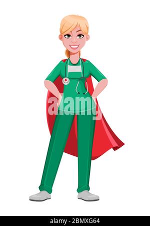 Beautiful woman doctor wearing superhero cloak. Female medical doctor or nurse cartoon character working in the hospital. Vector illustration Stock Vector