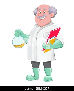 Professor cartoon character holding laboratory flask and documents. Usable also as scientist, chemist, laboratory assistant, inventor, teacher etc. Ve Stock Vector