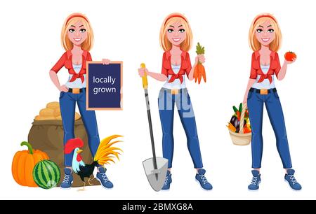 Happy smiling farm girl, set of three poses. Beautiful farmer woman cartoon character. Vector illustration on white background Stock Vector